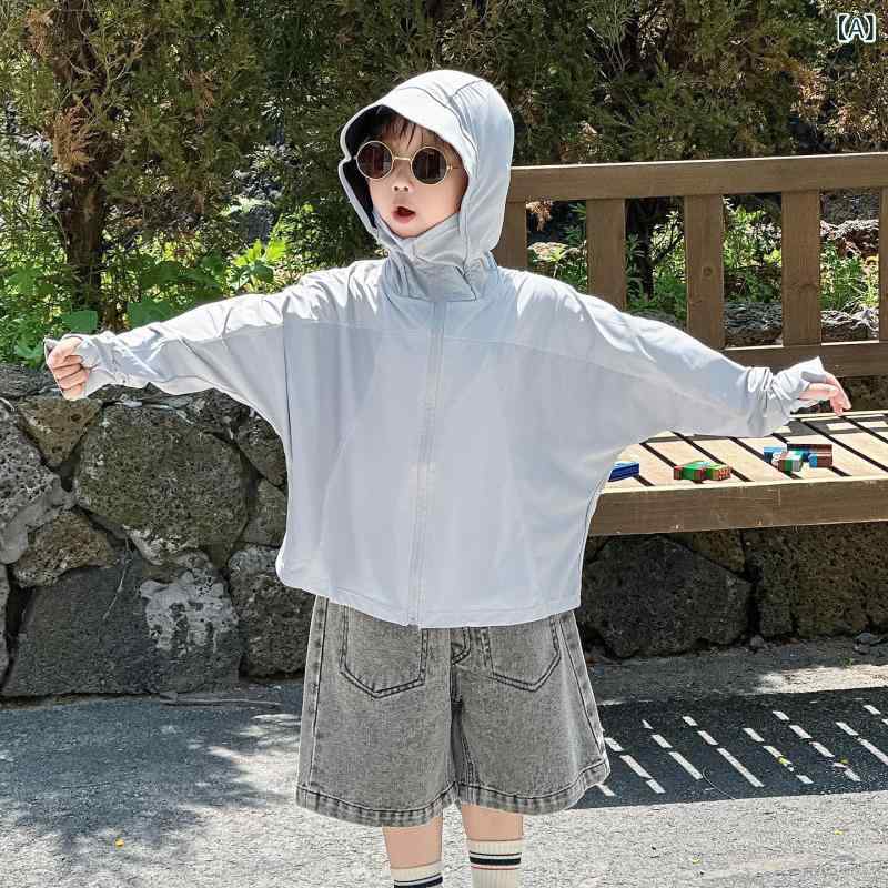 男の子 キッズ 防晒服 夏 防紫外線 服 連帽 透気 接触冷感 軽量 ポリエステル スパ...