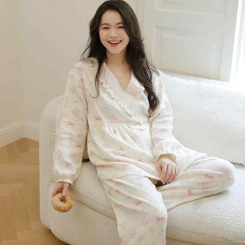 パジャマ レディース 春夏 長袖 授乳服 マタニティ 妊婦 ルームウェア 産前 産後 部屋着 綿100% ガーゼ 薄手 通気性 吸湿速乾 オールシーズン 快適 シンプル 普段使い 入院用 出産準備・素材: 純綿ガーゼ・スタイル: カーディガン・ネックライン: Vネック・袖丈: 長袖・丈: 長ズボン・カラー展開: S5454赤リボン, S5451青い葉, S5471ブルータータンチェック（胸パッド付き）, S5472白いアヒル（胸パッド付き）, a1089小花柄, S6713カラフルドット, a1096リス, a1095キャラクター, a1094ストライプ, S60007小花, a1093ドット, a1092ピーチラビット・サイズ展開: M, L, XL, XXL・テイスト: スウィート＆キュート・袖の形状: ドロップショルダー・対象性別: 女性・生地の厚さ: 薄手 (121-140g/平米)