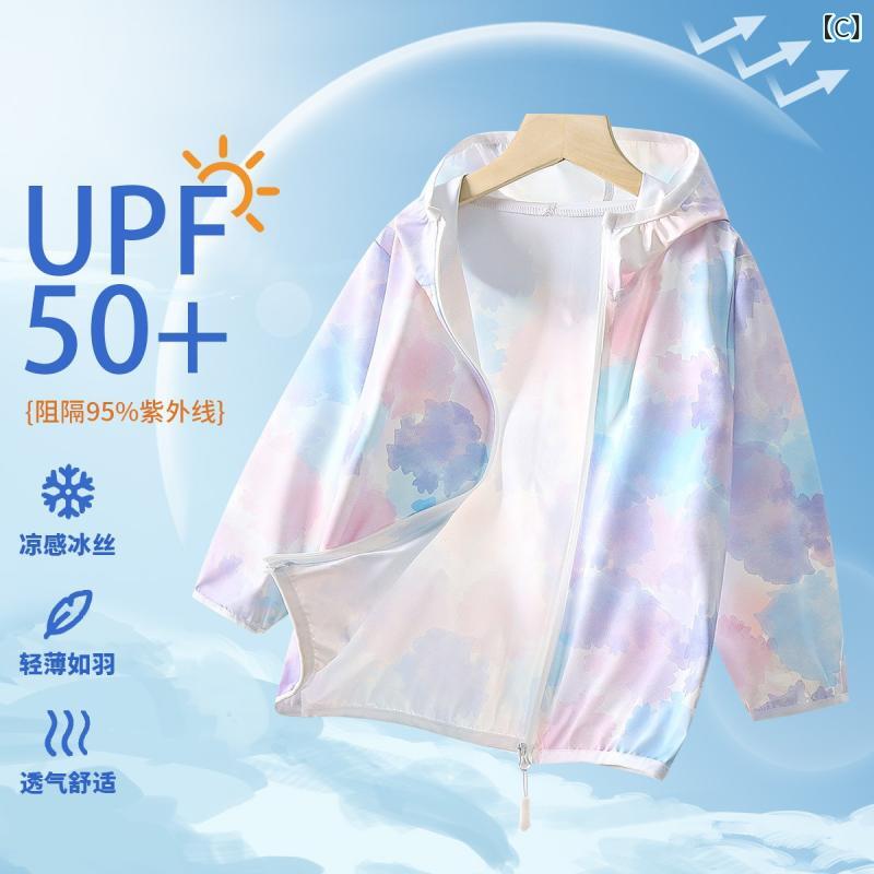 子供服 男女兼用 防紫外線 防晒衣 夏用 接触冷感 軽量 UPF50+ 連帽 長袖 トップス ...
