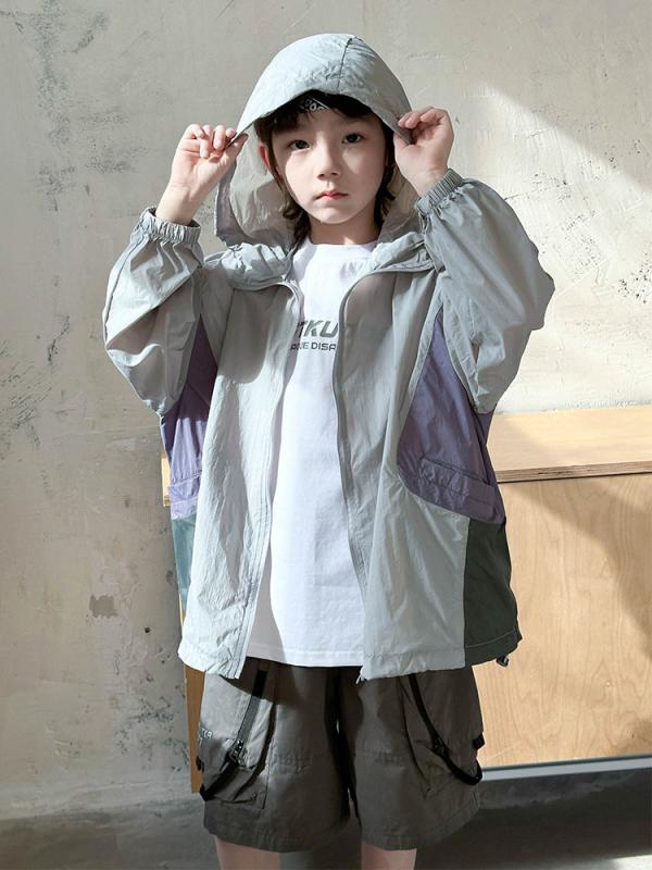 男児 防晒衣 子供服 夏用 アウター 中学生 薄手 トレンド グレー 帽子付き 取り外...