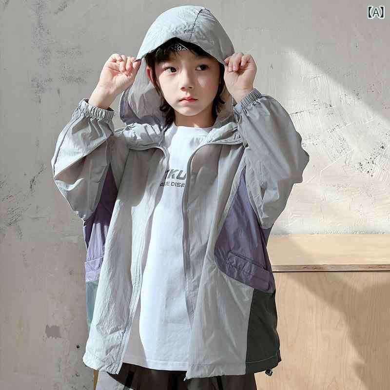 男児 防晒衣 子供服 夏用 アウター 中学生 薄手 トレンド グレー 帽子付き 取り外...