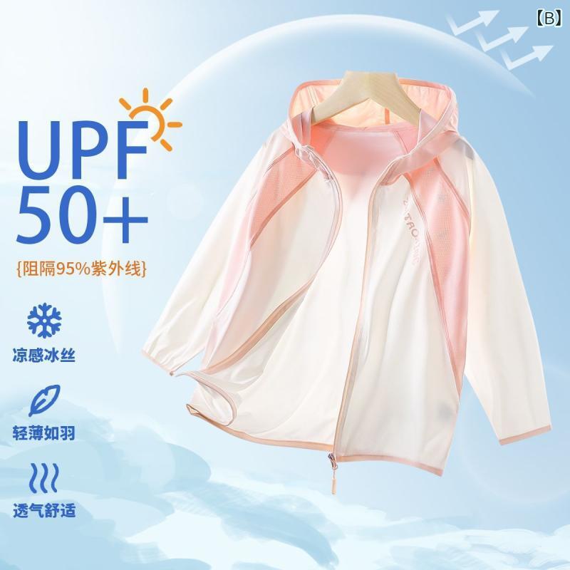 キッズ 防晒服 男女中大童 夏用 接触冷感 薄手 長袖 帽子付き UPF50+ 紫外線カット...
