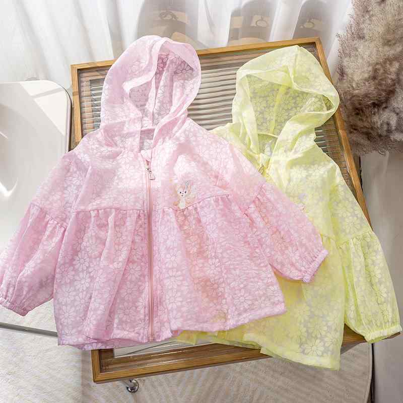 女児 トップス 女の子用 キッズ 子供服 春夏 夏 防晒 長袖 連帽 フード付き 綿 コットン ピンク 黄色 かわいい カード プリント 短丈 軽量 通気性 吸湿速乾 普段使い 遊び着 カジュアル 韓風 薄手