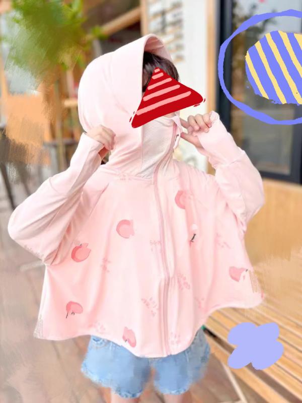 子供服 男女兼用 春夏 防紫外線 UVカット 接触冷感 薄手 透気性 綿ポリエステル 伸縮性 フード付き 長袖 ジャケット ピンク ホワイト ブルー かわいい プリント 軽量 速乾 アウトドア 普段使い
