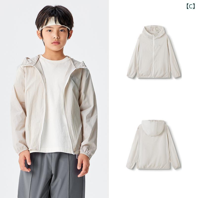 キッズ 防紫外線 服 夏 薄手 中大童 男女 帽子付き 軽量 ナイロン ジャケット 上着...