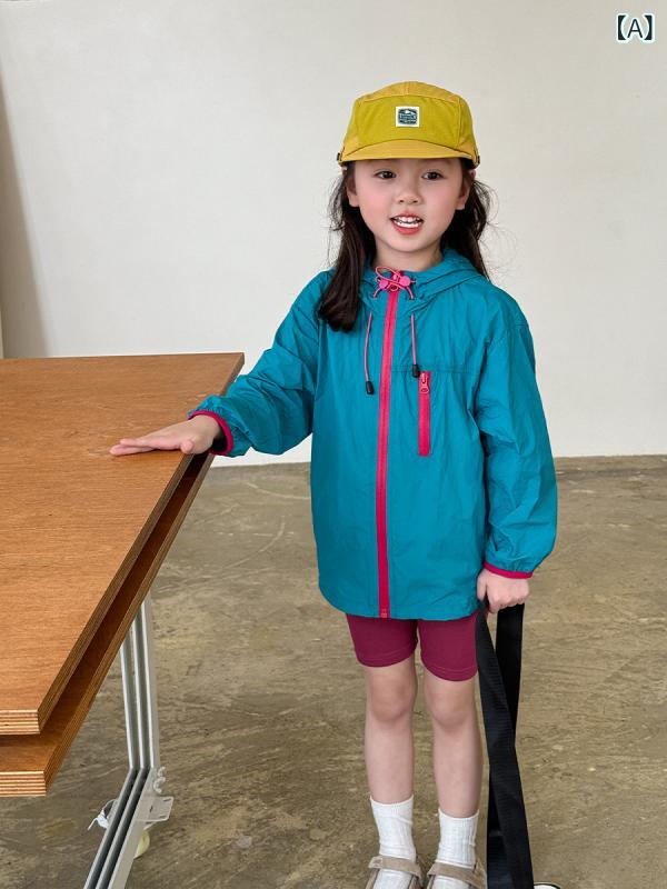 キッズ 女の子 防晒服 外套 春夏 長袖 カーディガン トップス 接触冷感 吸湿速乾 軽量 ポリエステル 混紡 ブルー レッド ピンク ユニセックス 子供服 普段使い アウトドア
