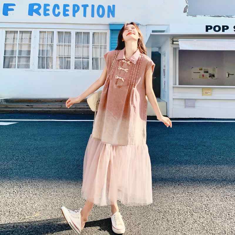 ワンピース 女性用 春夏 ピンク グラデーション デニム 切り替え レース ロングドレス Aライン スタンドカラー ノースリーブ ディスクボタン ゆったり腰回り ゆったりフィット 軽量 PVC 混紡 ライトリー クラシック チャイナスタイル 通勤 普段使