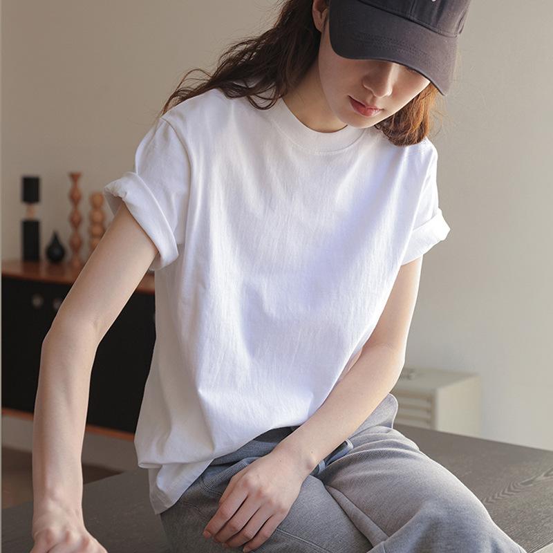 T シャツ レディース 夏 短袖 丸首 ゆったり 綿 混紡 接触冷感 吸湿速乾 通勤 通年 普段使い トップス インナー キャンバスホワイト 薄紫 ピンク ブラック ゆったりシルエット 気質 都市スタイル 快適 軽量 伸縮性 中長丈 無地 温度加工