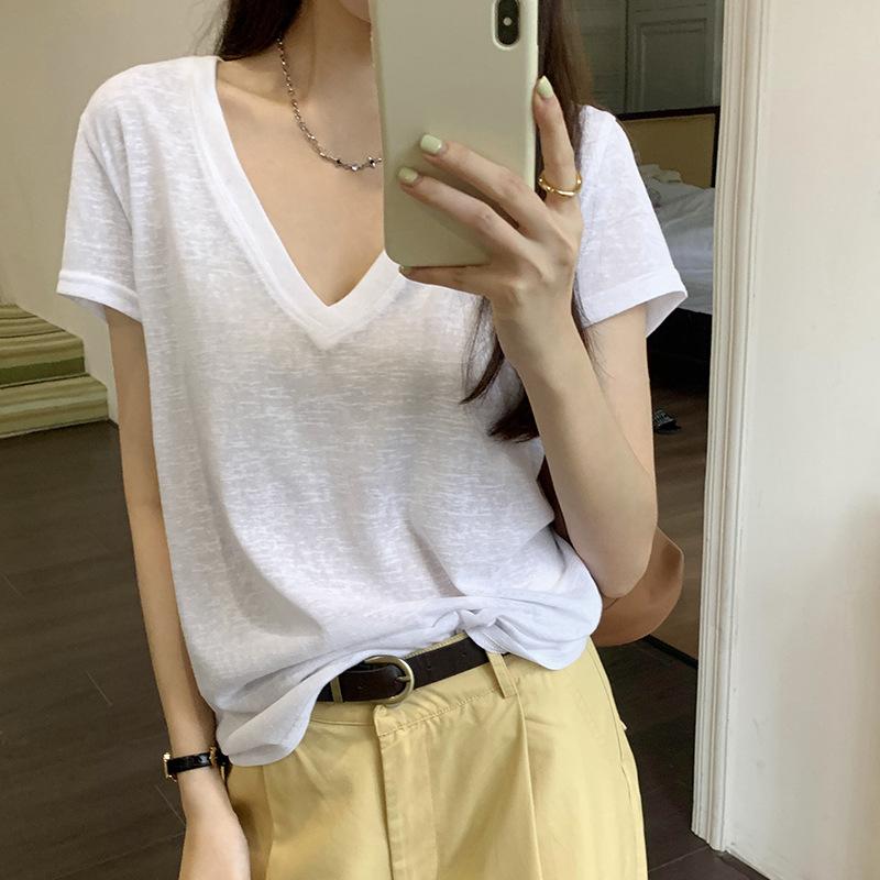 乐天商城 - Tシャツ 女性用 短袖 Vネック 微透 雪花柄 綿麻 切り替え 夏季 春夏 接触冷感 軽量 吸湿速乾 直筒型 普通丈 セットアップ シンプル ファッション 韓国風 ゆったり ルーズフィット 百搭 トップス コットン ポリエステル 混紡 ソリッドカラー 白