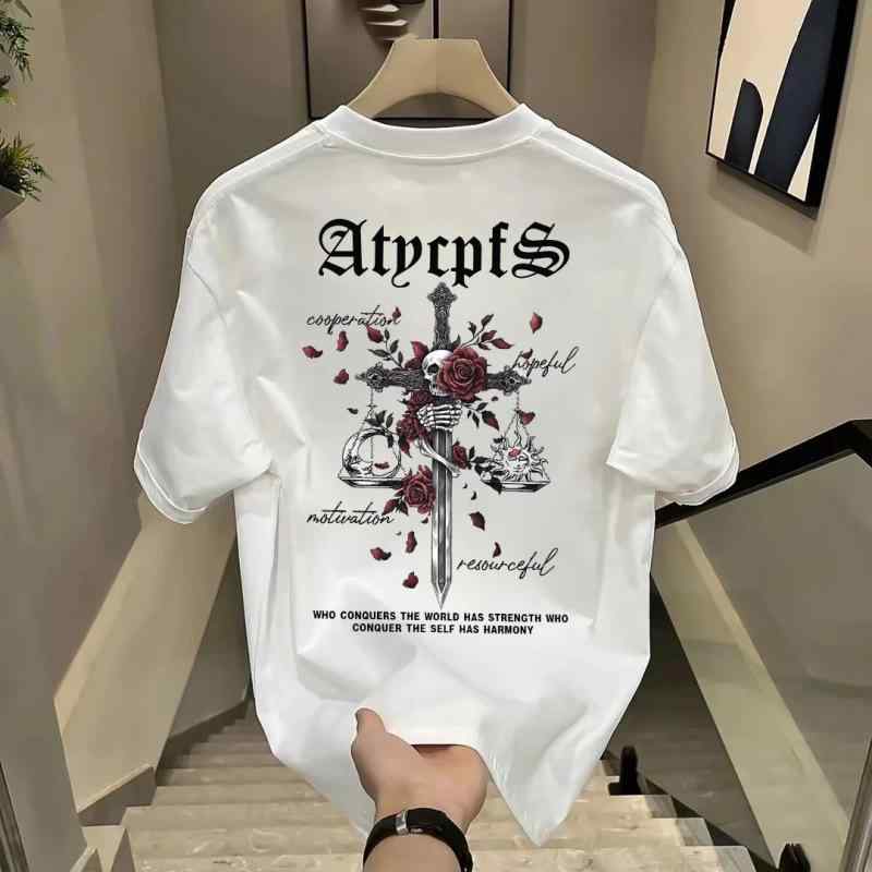 Other - メンズ Tシャツ 綿 短袖 トップス 丸首 直筒型 軽量 透気性 夏 春夏 日常 普段使い カジュアル 印花 アルファベット柄 黒 白 190グラム 230グラム 青年 24-35歳 都市スタイル セットアップ 内搭 打底