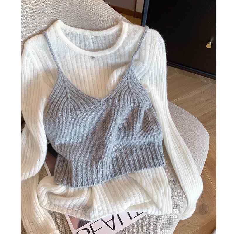 ニット トップス 女性用 早秋 長袖 Vネック セーター ベーシック セット レイヤード スタイル ポリエステル 素材 切り替え デザイン グレー 色 中厚 気質 優雅 韓系 カジュアル 日常使い 伸縮性 吸湿速乾 機能 普通丈 セットアップ 気軽 着回