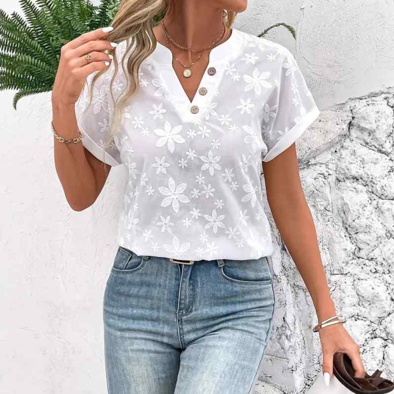 Tシャツ レディース 春夏 白色 短袖 Vネック 提花柄 シンプル トップス 気質 通勤用 普段使い 伸縮性 吸湿速乾 軽量 普通丈 セットイン..