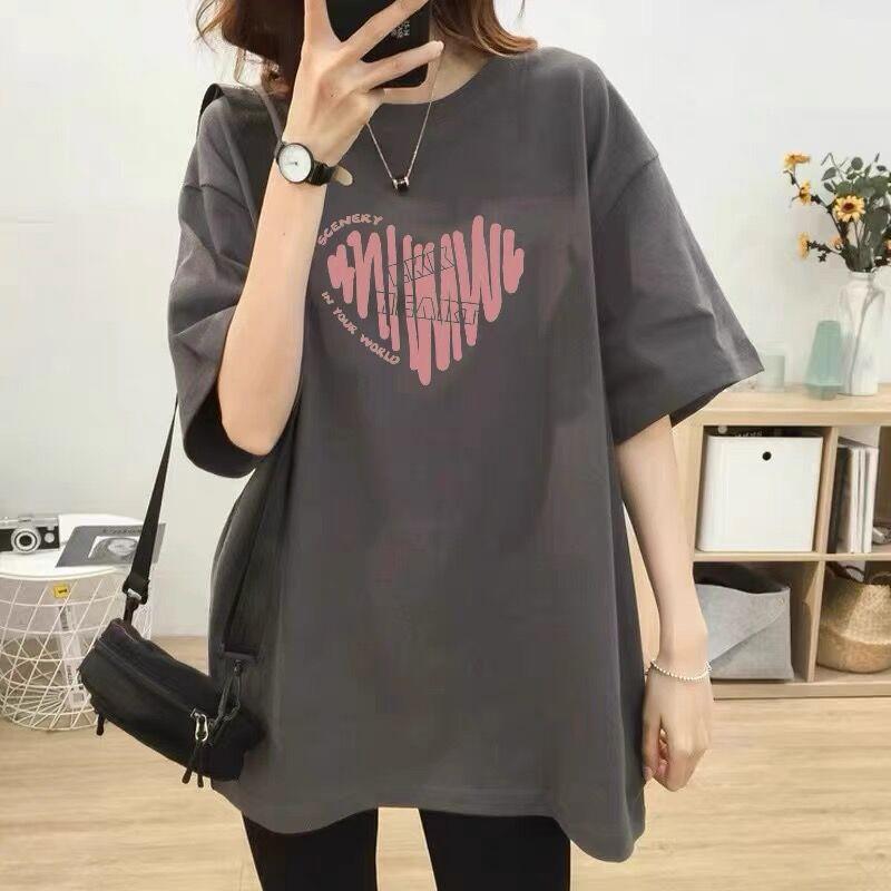 Tシャツ レディース 夏季 短袖 トップス 綿 素材 切り替え プリント かわいい ハート グラフィティ 柄 中長丈 ゆったり シルエット 丸首 気質 通勤 スタイル 日常 使い 柔らか 快適 ピンク グレー ホワイト ブラック ベージュ イエロー グリ(4.0)