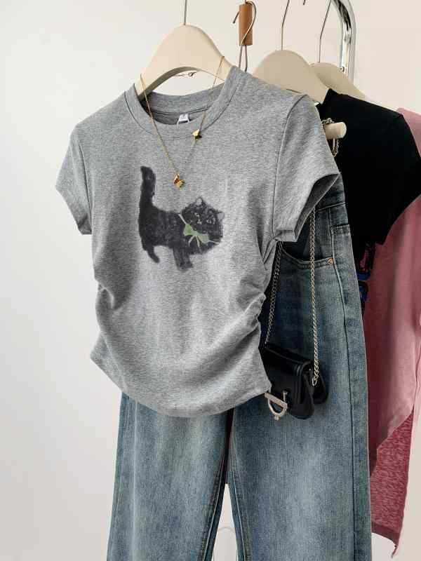 Rakuten - Tシャツ 女性用 短袖 コットン 92% スパンデックス 接触冷感 修身型 短丈 丸首 プリント柄 アニメ カード 黒猫 プリーツ 気質 通勤 快適 日常 カジュアル ブラック ホワイト グレー 夏