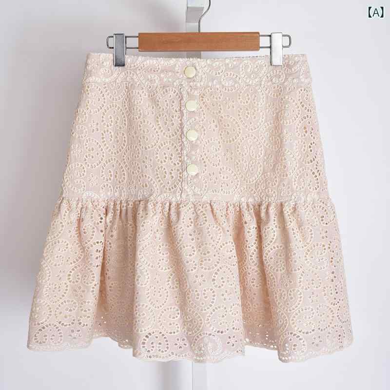 スカート レディース 春夏 かわいい ピンク 綿 切り替え レース 透け感 フレア ハイウエスト Aライン 膝上丈 短め 半身スカート 清新 フレッシュ スイート スタイル 軽量 通気性 伸縮性 普段使い デート フェミニン カジュアル