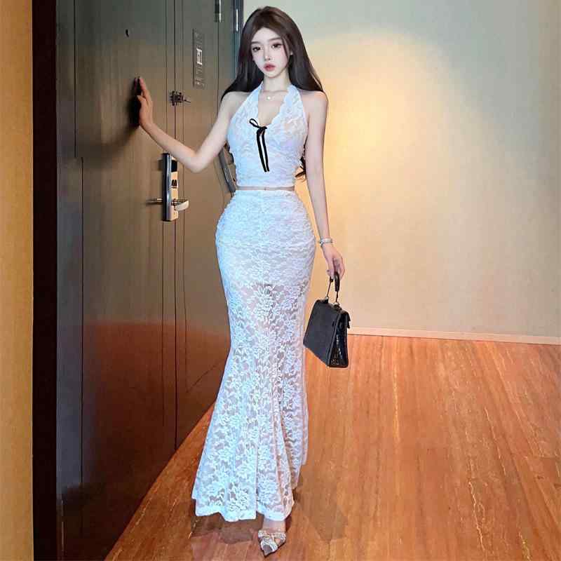 洋装 - レディース セットアップ キャミソール ロングスカート 吊り首 レース 切り替え バックレス 無袖 セクシー 約会用 通勤 普段使い 涤纶 ポリエステル 再生繊維 軽量 通年