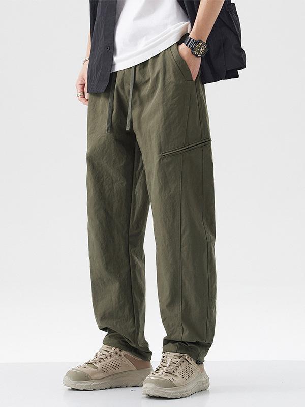 Half Pants, Shorts - メンズ 工装パンツ 薄手 速乾 吸湿 透気 切り替え 直筒 ドローストリング ミッドライズ ルーズフィット 長ズボン 夏用 ブラック グリーン ポリエステル スポーツ レジャー ユース カジュアル