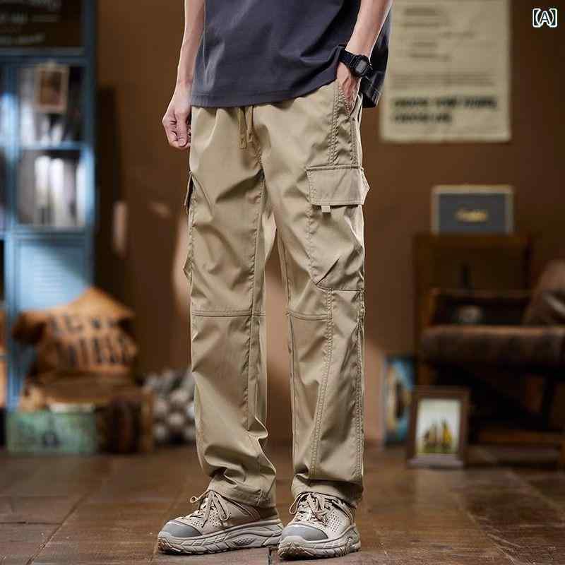 Bottoms - メンズ ズボン 工装パンツ 夏季 直筒 ワイドレッグ ミリタリー スタイル 薄手 軽量 耐摩耗 ポリエステル 混紡 微弾性 通気性 良い ミッドライズ ドローストリング クロージャー ストレート ヘム 運動 向け カーキ グリーン ブラック カラーバリエ