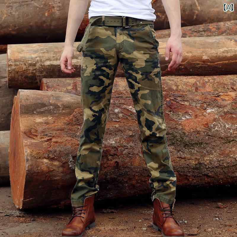 メンズ 工装パンツ 迷彩柄 直筒型 中腰 長ズボン 純綿 透気性 春秋 軍旅スタイル カジュアル 普段使い 青年向け 切り替えデザイン 無弾性 直筒パンツ 都市迷彩 草原迷彩 山地迷彩