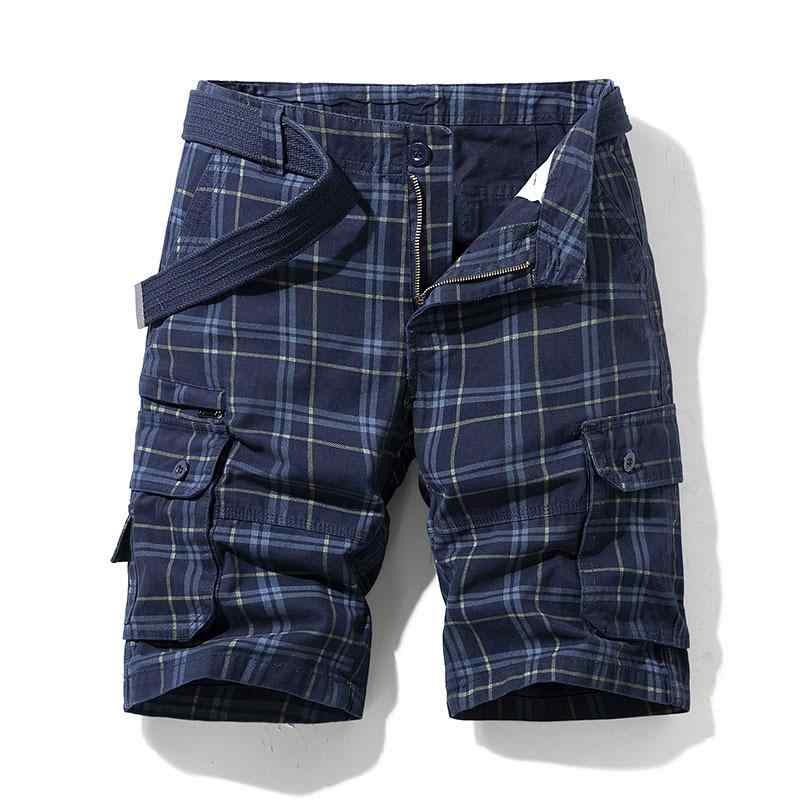 Pants - メンズ 工装 短パン 格子柄 プリント 綿素材 直筒型 中腰 ジッパー開閉 多ポケット 無弾性 夏用 かき色 ブラック ライトグレー ダークブルー アーミーイエロー 青年 ゆったり シルエット 直筒裾 数码プリント 加工 日常 外出 アクティブ スタイル