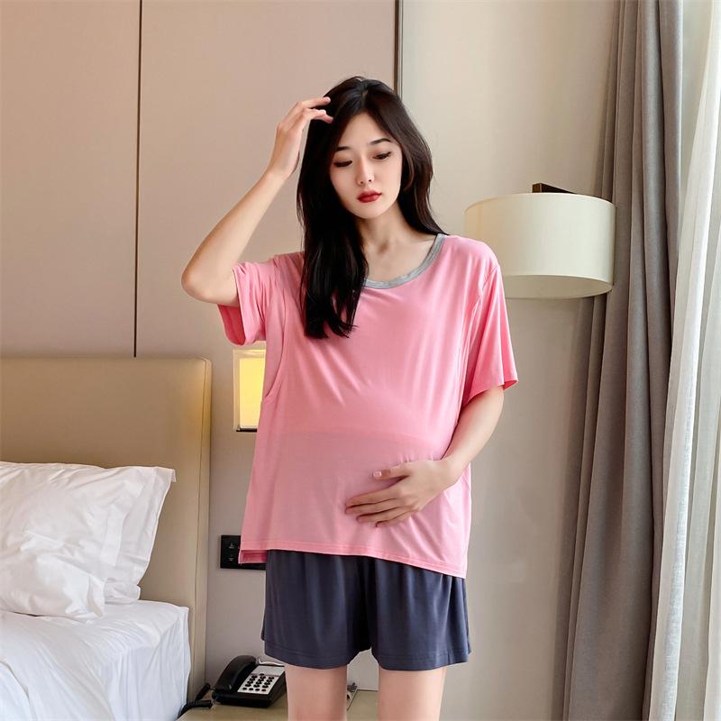 パジャマ 授乳服 レディース 綿 モダール トップス 半袖 マタニティ ルームウェア ホームウェア オールシーズン かわいい・素材: モダール・スタイル: セットアップ・混率: モダール90-95%・袖丈: 三分袖・パンツ丈: ショートパンツ・カラー展開: ピンク+アイアングレー, アイアングレー+カーキ, グラスグリーン+ブルーパープル, ピーコックブルー+無地, 小豆パープル+インクブルー, シュリンプピンク+ダークグレー, ターメリック+ダークグレー, ライトグレー+シュリンプピンク, カーキ+アイアングレー・サイズ展開: L, XL・生地の厚さ: 中肉(181-200g/平米)