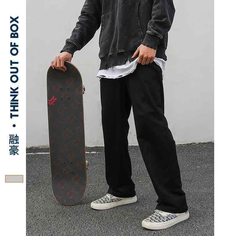 メンズ ロングパンツ 復古 ウォッシュド コットン 素材 直筒 ミッドライズ 微弾性 通年 ユース カジュアル ストリート スタイル ポケット 装飾 ゆったり 大きめ サイズ 普段使い 軽量 快適 グレー ブラック(4.0)