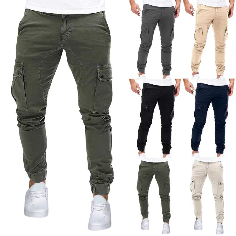 Pants - メンズ 工装パンツ タイトフィット ロングパンツ 中腰 無腰帯 紐閉じ 普通厚 無地 コットン100% 耐磨 防風 色牢度高 多ポケット 小脚口 日常使い カーキ ブラック ダークグレー ネイビー ミリタリーグリーン ベージュ 18-36歳 男性用 作業