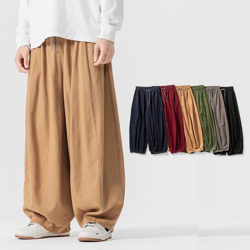 Pants - メンズ 秋冬 ロングパンツ 直筒 低腰 系紐 コットン混紡 85% コットン 無弾性 純色 黒 ネイビー カーキ グリーン ワインレッド ダークグレー M L XL XXL XXXL 4XL 5XL 大きいサイズ ゆったり ワイドレッグ 直筒裾 秋用 コ