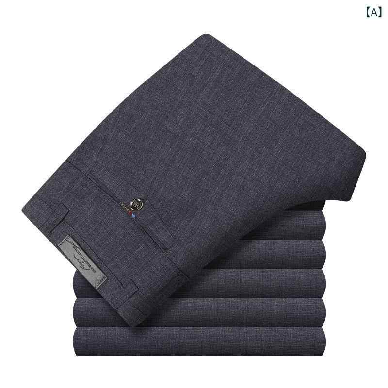 Pants - メンズ 夏用 薄手 ロングパンツ 直筒型 ストレッチ ビジネス ゆったり ノーアイロン スラックス 中年向け 高腰 老爹スタイル 軽量 吸湿速乾 透気性 麻混紡 グレー系 ポリエステル素材 ミックス ゆったりフィット 日常使い 通勤対応 ミドルエイジ 快