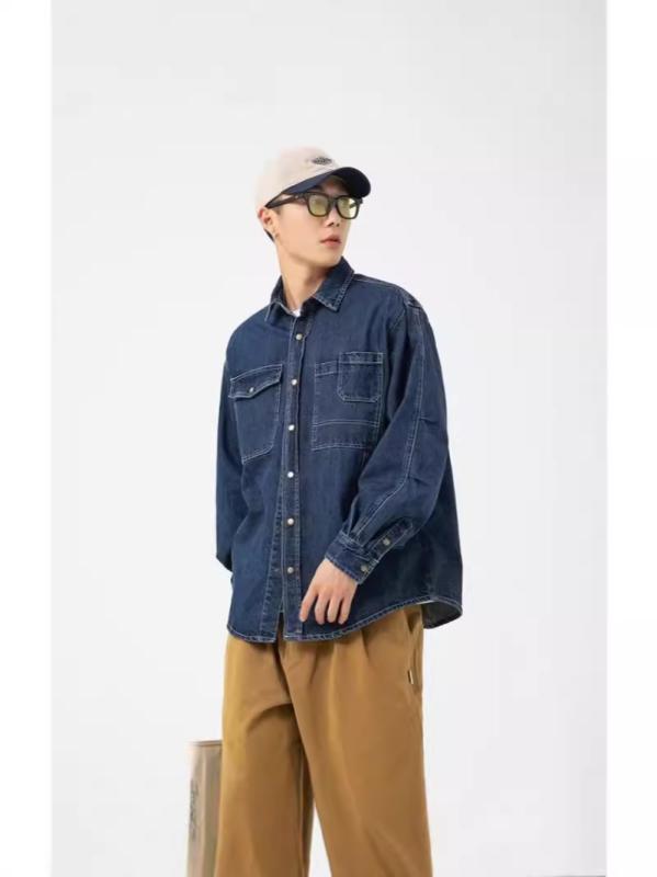 ・スタイル: 日式復古・版型: ワイドシルエット・カラー展開: ブラック、ブルー・サイズ展開: M、L、XL、2XL、3XL・主な素材: コットン51-70%・袖丈: 長袖・柄: 無地・厚み: 普通・スタイル詳細: ポケット飾り・適用シーン: カジュアル・適用性別: 男性・適用年齢層: 成人・カテゴリ: シャツ