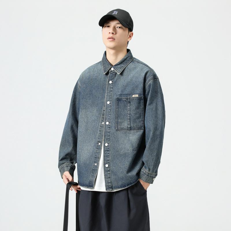 Rakuten - メンズ 秋冬 コットン シャツ ジャケット 牛仔素材 長袖 立領 開襟 ワイドシルエット ゆったり 大きいサイズ ブルー 無地 耐久性 免アイロン ポケット 装飾 韓国風 日常 カジュアル トップス