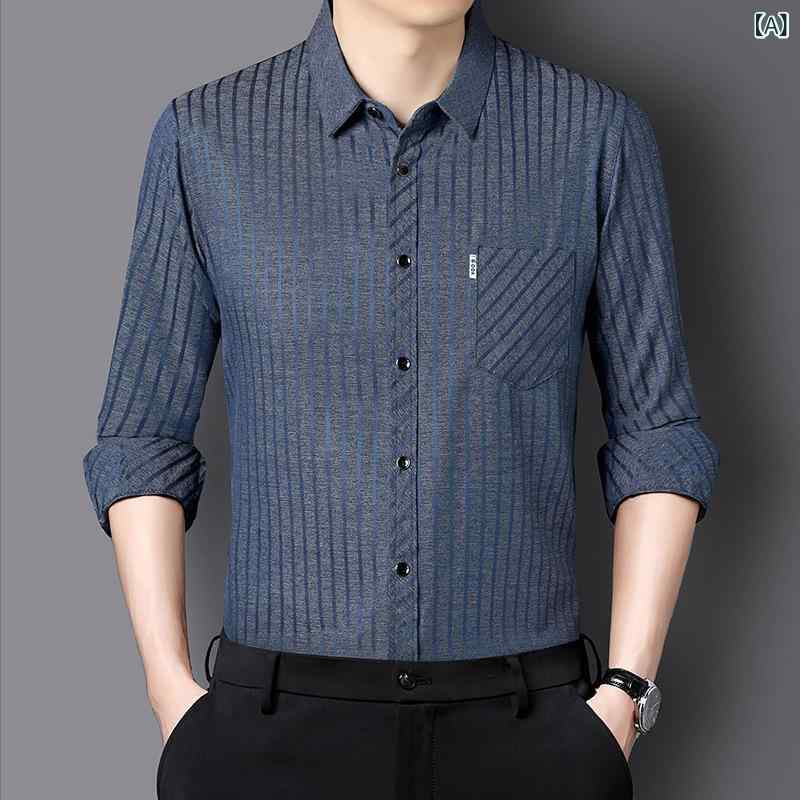 Casual Shirts - メンズ シャツ トップス ビジネス 通勤 秋冬 長袖 翻領 合体型 薄手 コットン 混紡 ストライプ 柄 真偽ポケット 装飾 免燙 加工 中年 男性用 父性 スタイル 洗濯機可 色落ちにくい 軽量 伸縮性 吸湿速乾 藍灰 咖色 深灰 赤 青 カラー 春秋