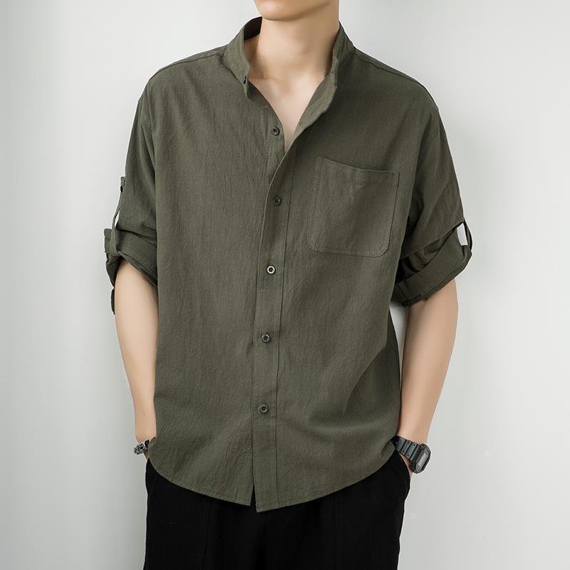 メンズ 短袖シャツ トップス 綿麻混紡 接触冷感 吸湿速乾 軽量 薄手 春夏 夏用 立領 切り替え ポケット ワイドシルエット ゆったり 純色 ブラック ホワイト アーミーグリーン 洗濯機可 アイロン不要 普段使い カジュアル 部屋着 アウトドア 通勤
