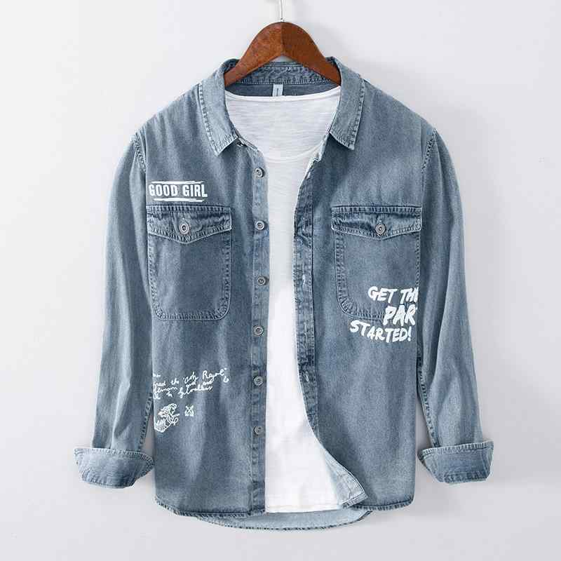 メンズ 長袖 シャツ トップス 牛仔 デニム コットン 綿素材 97% ワイド ルーズ フィット ビッグシルエット 開襟 翻領 ポケット 付き 黒 ダークカラー ライトブルー 淡色 秋冬 春秋 シーズン ゆったり ルームウェア 日常 着こなし 洗い加工