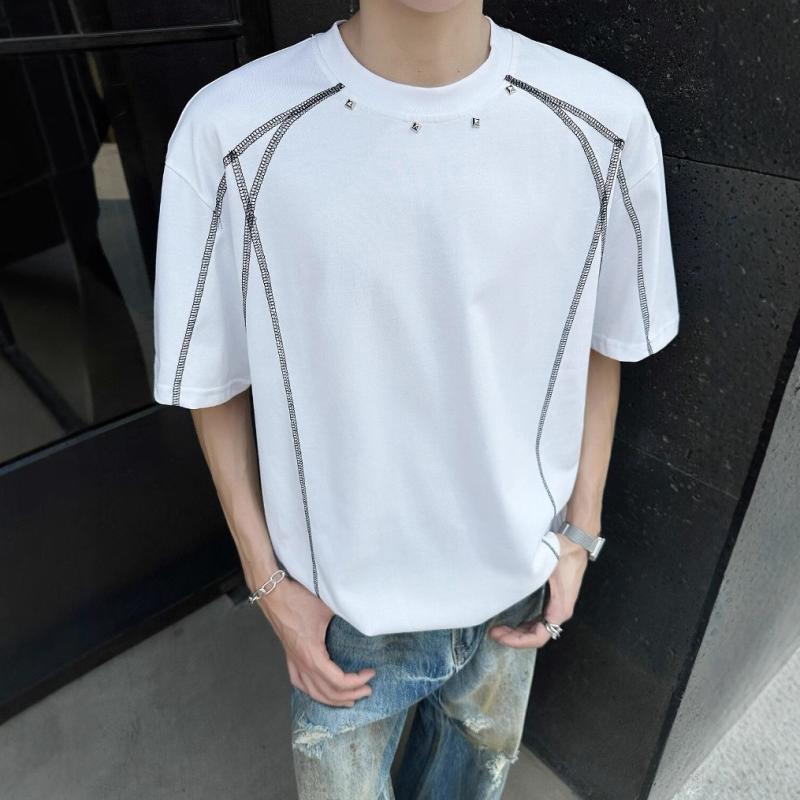 樂天商城 - Tシャツ メンズ 短袖 夏用 運動休闲 綿素材 純色 デザイン 切り替え ステッチ 詳細 ゆったり ルーズフィット 丸首 半袖 上衣 日常 通勤 普段使い 吸湿速乾 透気性 防水 防汚 機能 白 黒