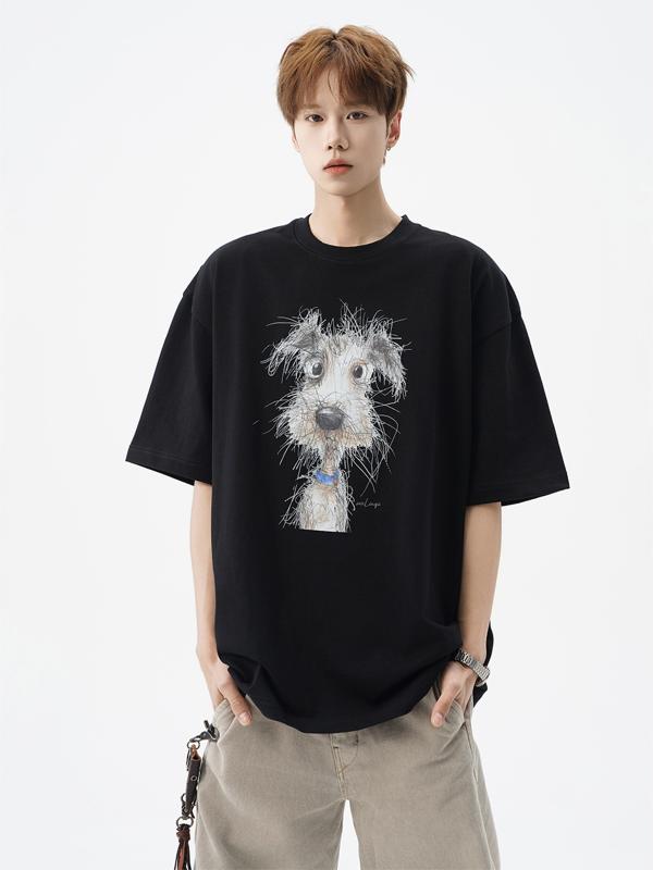 乐天商城 - メンズ Tシャツ 短袖 夏用 綿素材 透気性 動物柄 プリント 丸首 ゆったりシルエット 日常着 普段使い カジュアル ストリートスタイル ティーン向け 白色 ブラック