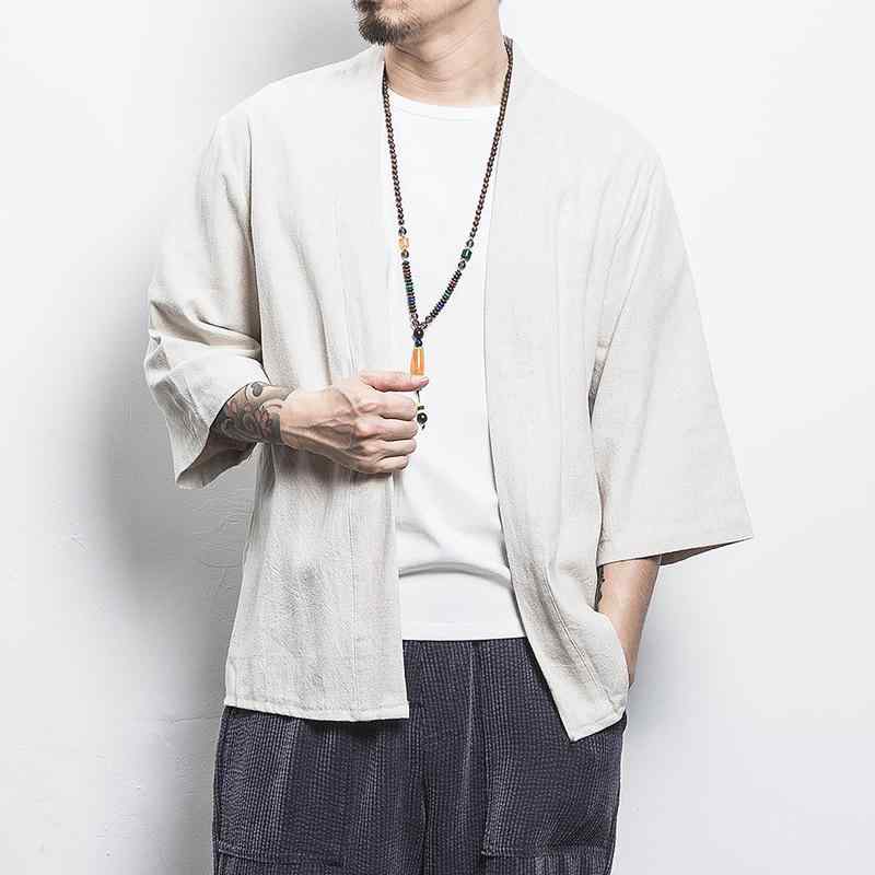 メンズ 漢服風 開襟 シャツ 麻 混紡 立襟 七分袖 フラワー柄 薄手 ゆったり フィット ブラック 麻本色 春夏 復古 ファッション レジャ..