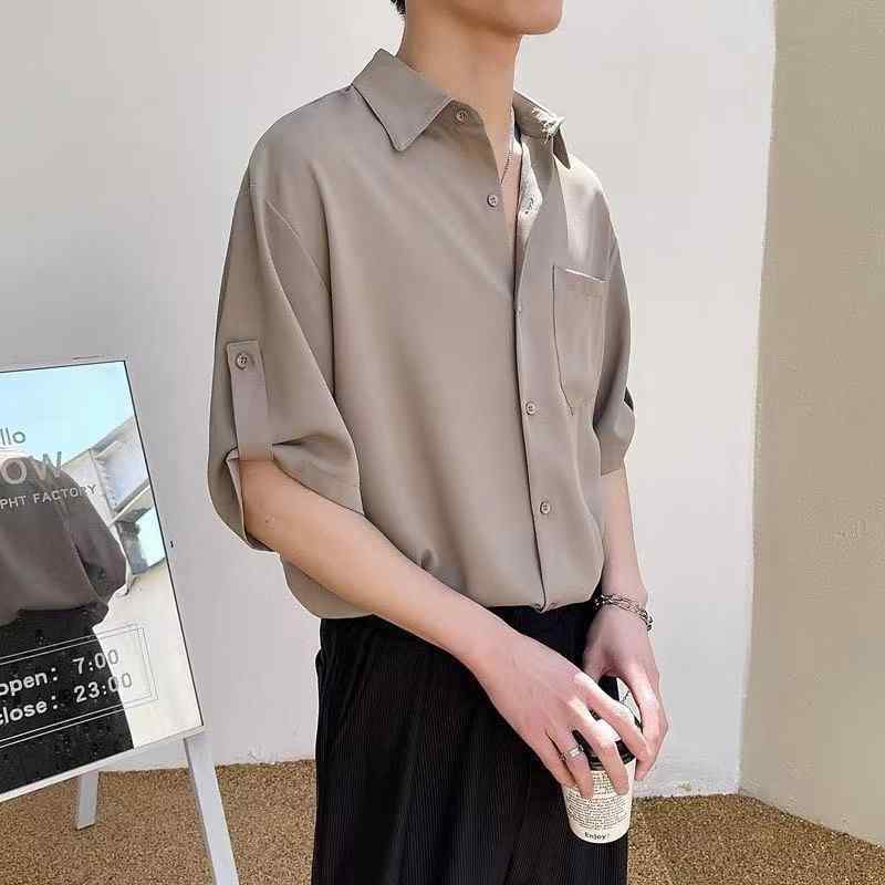 メンズ シャツ 七分袖 短袖 トップス 麻 接触冷感 薄手 軽量 吸湿速乾 免烫 ゆったり シルエット 翻領 開襟 無地 青春 カジュアル 日常使い 通勤 普段着 夏 春夏 かき色 ブラック ホワイト ベーシック コーデ 爽やか スタイル