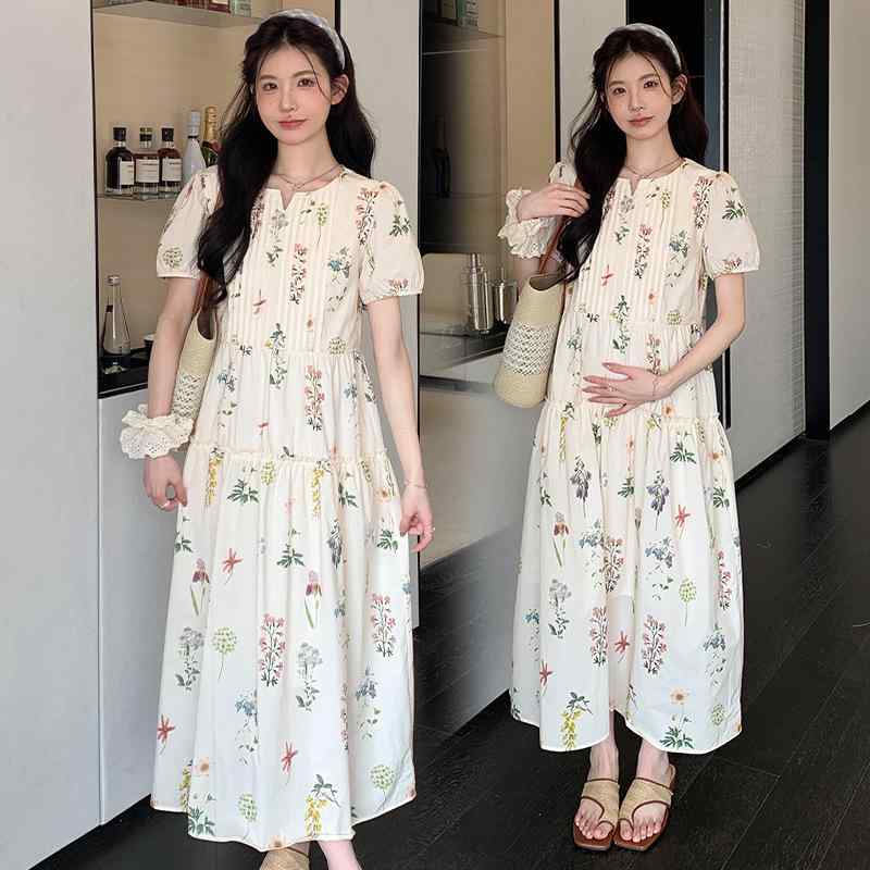 マタニティワンピース レディース 妊婦服 ロング丈 碎花 花柄 リゾート 旅行 お出...