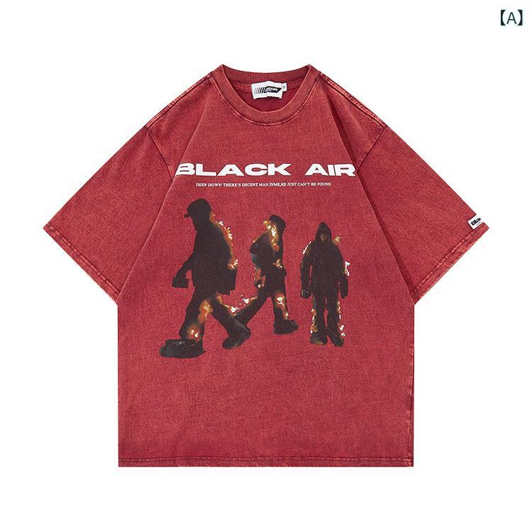 Rakuten - メンズ Tシャツ トップス 短袖 丸首 ゆったりシルエット 綿100% ブラック 赤 夏 透気性 ウォッシュ加工 ヴィンテージ風 ストリート 休闲 プリント柄 炎モチーフ 普段使い アウトドア カジュアル 軽量 吸湿速乾 ビッグシルエット 伸縮性 接触冷