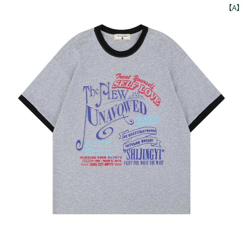 Rakuten - Tシャツ メンズ 夏 ゆったり 綿 素材 切り替え デザイン 丸首 短袖 トップス 透気性 グレー ネイビー ストリート カジュアル 普段使い 青年向け シンプル 印花 アルファベット