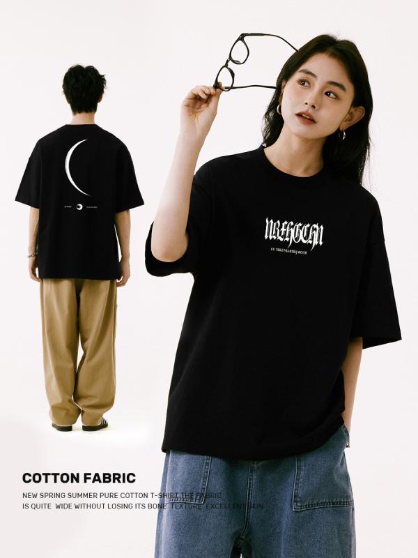 メンズ Tシャツ 短袖 純棉 透気性 吸湿速乾 300g 加厚 丸首 ルーズフィット 落肩袖 プリント アルファベット柄 クリエイティブ ファッショナブル カジュアル 夏用 ティーン向け ホワイト ブラック カーキ ライトグリーン メープルレッド ブラウ