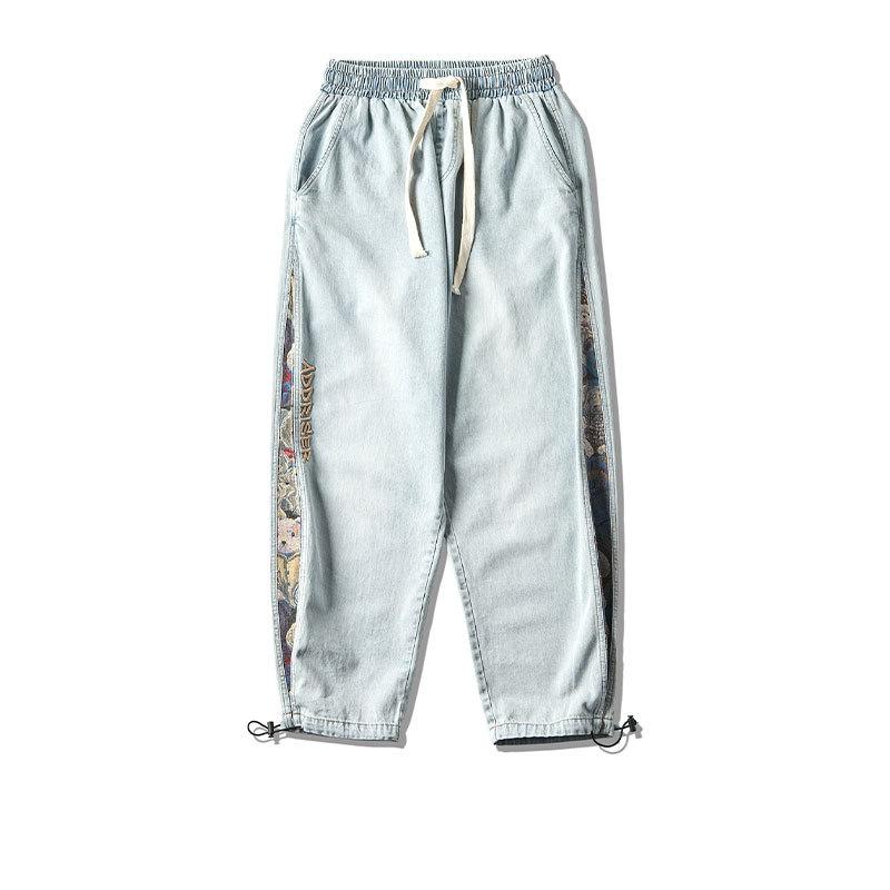 メンズ 直筒 牛仔パンツ 春季 デニム 長ズボン ミッドライズ ドローストリング クラシック ストリートスタイル 耐久性 ブルー グレー テーパードレッグ キャジュアル ユース ワークパンツ クラシックフィット 日常使い 軽量 復古デザイン コットン混