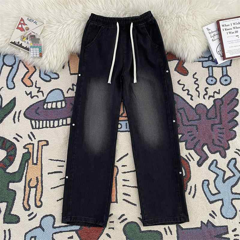 メンズ 直筒 デニムパンツ 青少年 男用 ゆったり ロングパンツ コットン混紡 ポリエステル ミックス ミッドライズ ドローストリング ウ..