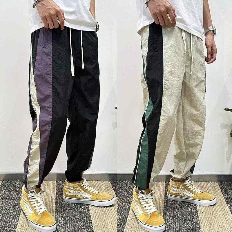 Pants - メンズ 運動 休闲 ズボン 潮 牌 ワイド ハーレム 束脚 九分 ミッドライズ ドローストリング 切り替え 条紋 コットン 混紡 ポリエステル 微弾力 免烫 秋 ティーンエイジャー 普段使い ストリート カジュアル ブラック 杏色