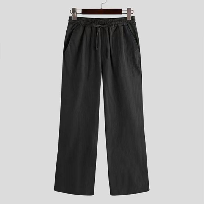 メンズ ワイドパンツ クロップレッグパンツ コットン混紡 薄手 ストレートレッグ ミッドライズ ロープクロージャー ポケット付き 無弾性 耐摩耗 カーキ ブラック ライトグリーン 春秋 ゆったりシルエット シンプル ロング丈 普段使い 青年向け ゆったり