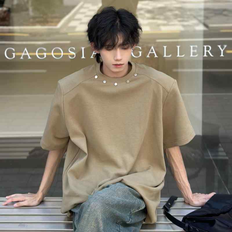 メンズ Tシャツ 短袖 丸首 綿100% 金属装飾 肩パッド ワイドシルエット クール ブラック 卡其色 夏用 ゆったり ストリートスタイル 軽量 通勤 普段使い 吸湿速乾 青年向け