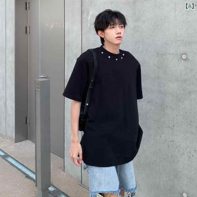 メンズ Tシャツ 短袖 丸首 綿100% 金属装飾 肩パッド ワイドシルエット クール ブラック 卡其色 夏用 ゆったり ストリートスタイル 軽量 通勤 普段使い 吸湿速乾 青年向け