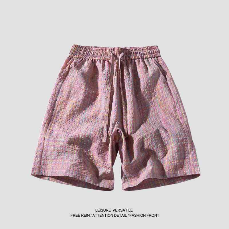メンズ 夏用 短パンツ 泡泡纱 格子柄 休闲 直筒 ワイドフィット ミッドレングス 化繊混紡 ポリエステル ミックス 中弾性 軽量 通気性 ..