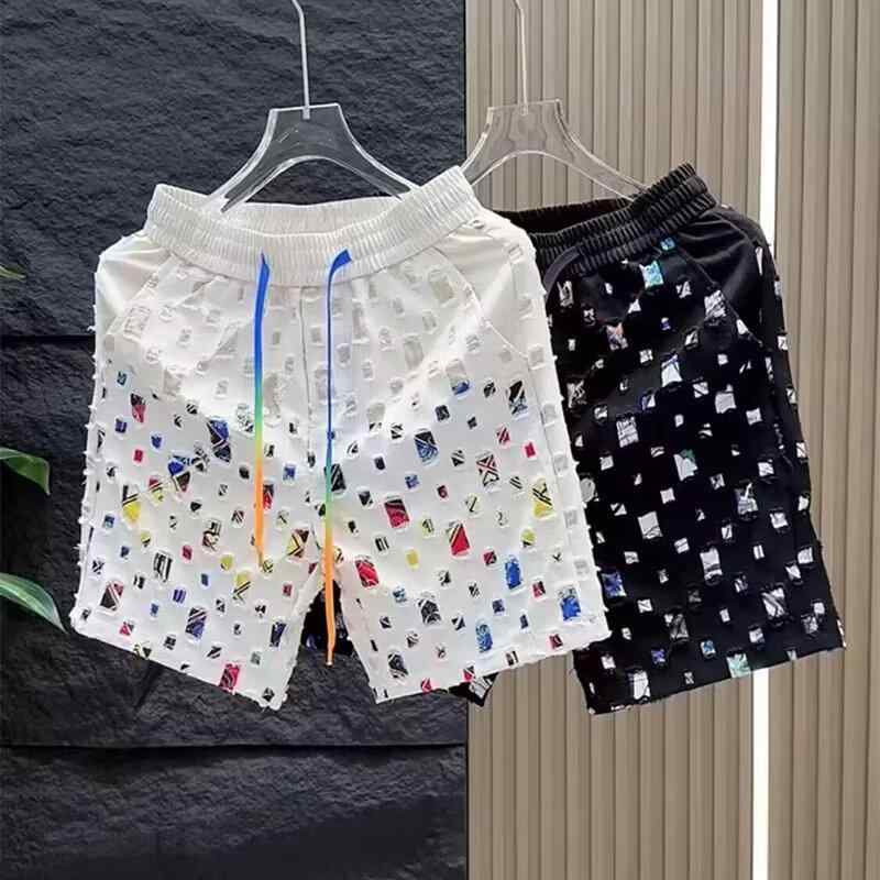 メンズ 工装 ハーフパンツ 夏用 カラフル 破れ フリンジ チェック柄 篮球 デザイン ビッグサイズ ゆったり シルエット 中腰 薄手 コッ..